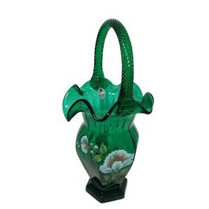 1996 Fenton Signed Hand Painted Green Glass Basket Floral Design Twisted Handle